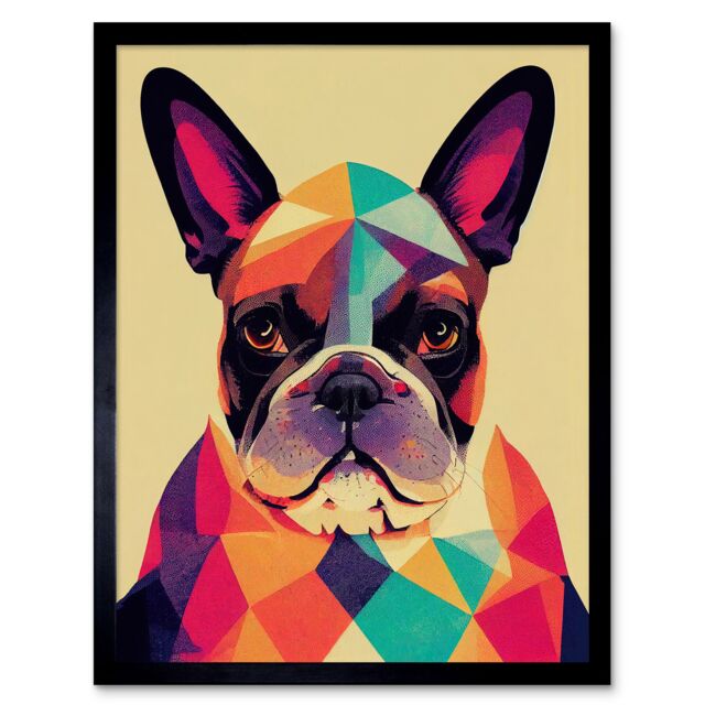 "Artery8 Wall Art Print Vibrant Colourful Geometric French Bulldog Portrait Design Art Framed in Black - Size: W12"" x H16""" - image 1