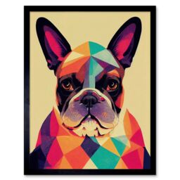"Artery8 Wall Art Print Vibrant Colourful Geometric French Bulldog Portrait Design Art Framed in Black - Size: W12"" x H16""" - thumbnail 1