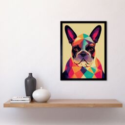 "Artery8 Wall Art Print Vibrant Colourful Geometric French Bulldog Portrait Design Art Framed in Black - Size: W12"" x H16""" - thumbnail 2