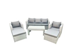 Fimous Rattan Garden Furniture Set 7 Seater Outdoor Garden Sofa 2 Chairs Oblong Coffee Table Set with 2 Stools Light Grey Mixed - thumbnail 1