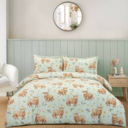 Portfolio Home Daisy Highland Cow Floral Duvet Cover Set With Pillow Case Bedding in Light Green - Size: Double - thumbnail 1