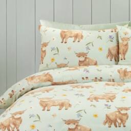 Portfolio Home Daisy Highland Cow Floral Duvet Cover Set With Pillow Case Bedding in Light Green - Size: Double - thumbnail 2