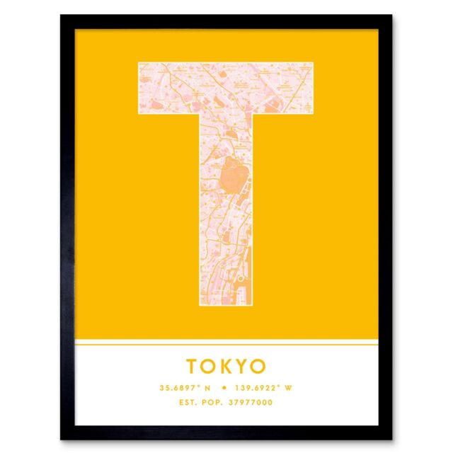 "Wee Blue Coo Wall Art Print Tokyo Japan City Map Modern Typography Stylish Letter Framed Word in Yellow - Size: W12"" x H16""" - image 1