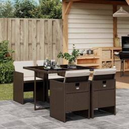 Berkfield Home 5 Piece Garden Dining Set with Cushions Brown Poly Rattan
