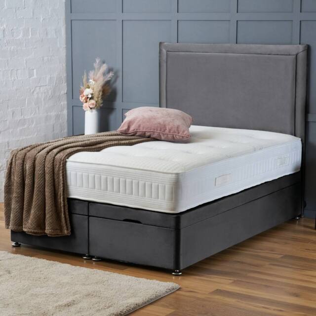 "BSSPOKE Ella Ottoman Divan Bed Plush Velvet 54"" Headboard & Mattress in Charcoal - Size: Double" - image 1