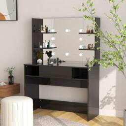 Berkfield Home Makeup Table with LED Lights 100x40x135 cm MDF Shining Black - Size: 100 x 40 x 135 cm - thumbnail 2
