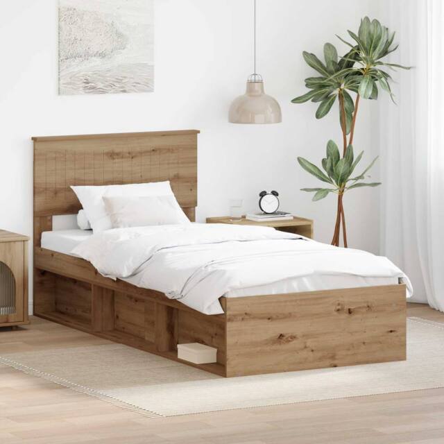 Berkfield Home Bed Frame Artisian Oak 90 x 200 cm Solid Pine Wood in Brown - image 1