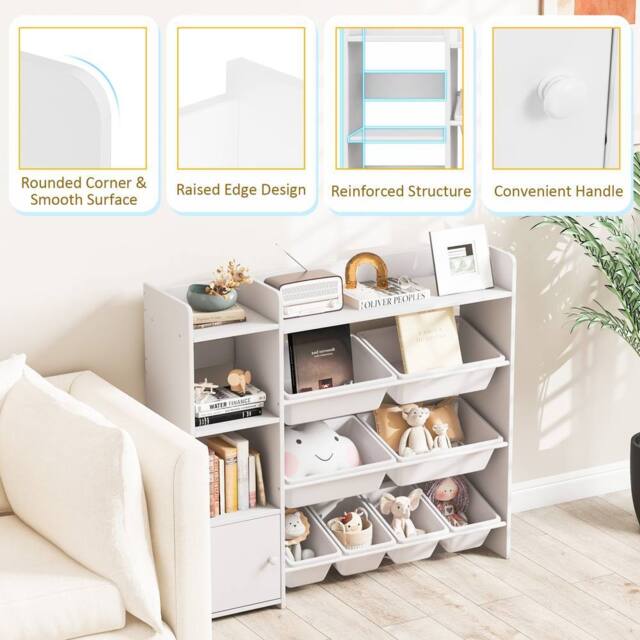 Costway Kids Bookshelf Toy Storage Organizer w/ 8 Storage Boxes & Cabinet in White - image 1