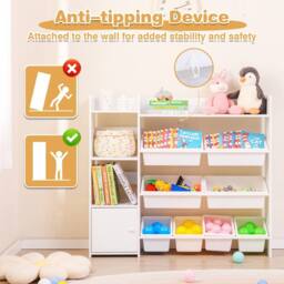 Costway Kids Bookshelf Toy Storage Organizer w/ 8 Storage Boxes & Cabinet in White - thumbnail 8