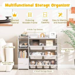 Costway Kids Bookshelf Toy Storage Organizer w/ 8 Storage Boxes & Cabinet in White - thumbnail 6