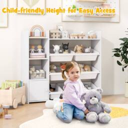 Costway Kids Bookshelf Toy Storage Organizer w/ 8 Storage Boxes & Cabinet in White - thumbnail 4