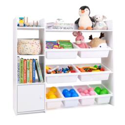 Costway Kids Bookshelf Toy Storage Organizer w/ 8 Storage Boxes & Cabinet in White - thumbnail 2