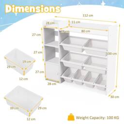 Costway Kids Bookshelf Toy Storage Organizer w/ 8 Storage Boxes & Cabinet in White - thumbnail 3