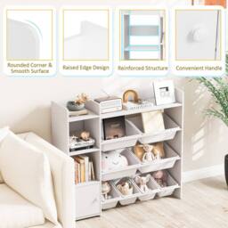 Costway Kids Bookshelf Toy Storage Organizer w/ 8 Storage Boxes & Cabinet in White - thumbnail 1