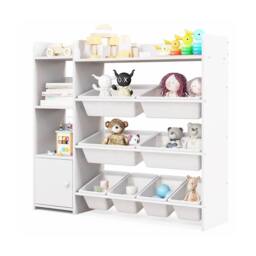 Costway Kids Bookshelf Toy Storage Organizer w/ 8 Storage Boxes & Cabinet in White - thumbnail 7