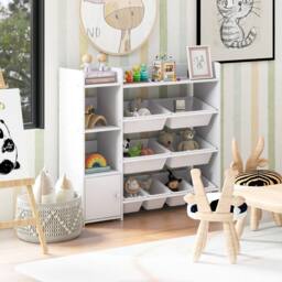 Costway Kids Bookshelf Toy Storage Organizer w/ 8 Storage Boxes & Cabinet in White - thumbnail 5