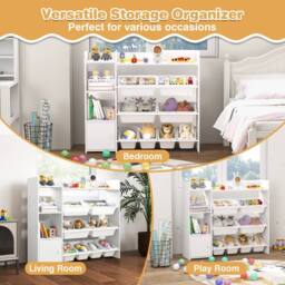 Costway Kids Bookshelf Toy Storage Organizer w/ 8 Storage Boxes & Cabinet in White - thumbnail 9