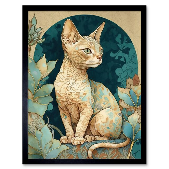 "Artery8 Wall Art Print Devon Rex Cat with Pattern Fur Art Nouveau Modern Art Framed in Black - Size: W12"" x H16""" - image 1