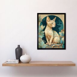 "Artery8 Wall Art Print Devon Rex Cat with Pattern Fur Art Nouveau Modern Art Framed in Black - Size: W12"" x H16""" - thumbnail 2