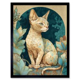 "Artery8 Wall Art Print Devon Rex Cat with Pattern Fur Art Nouveau Modern Art Framed in Black - Size: W12"" x H16""" - thumbnail 1