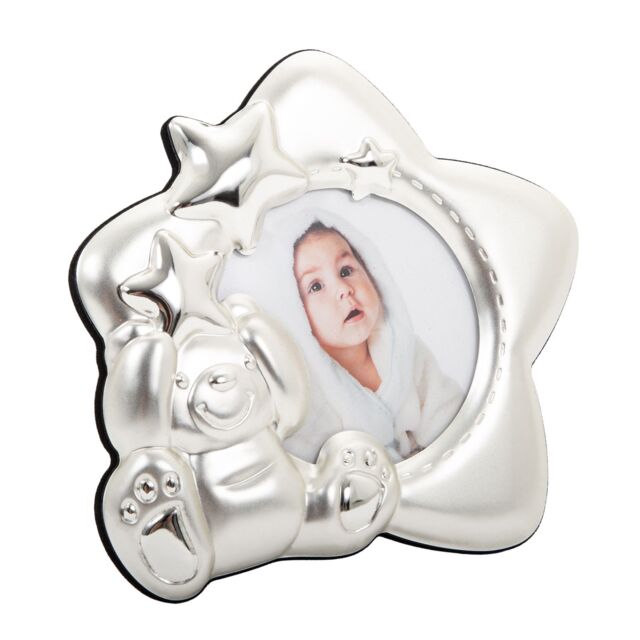 Happy Homewares Star Shaped Silver Plated Baby Photo Frame with Teddy Bear & Decorative Stars - image 1