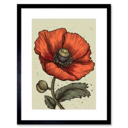 "Artery8 Wall Art Print A Single Poppy Old School USA Tattoo Ink Body Art Rockabilly Americana 50s Artwork Framed 9X7 Inch in Black - Size: W7"" x H9""" - thumbnail 1
