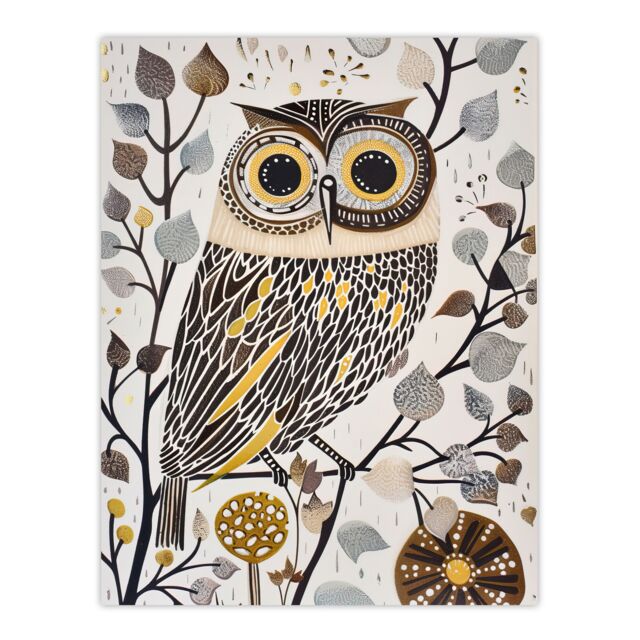"Artery8 Rustic Quirky Owl Bird Autumn Tree Bright Fun Wall Art Print in Brown - Size: W24"" x H32""" - image 1
