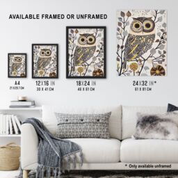 "Artery8 Rustic Quirky Owl Bird Autumn Tree Bright Fun Wall Art Print in Brown - Size: W24"" x H32""" - thumbnail 3