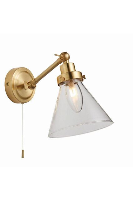 Netlighting Faraday Bathroom Adjustable Dome Wall Light with Pull Cord Satin Brass Glass Shade in Gold - image 1
