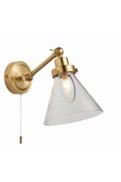 Netlighting Faraday Bathroom Adjustable Dome Wall Light with Pull Cord Satin Brass Glass Shade in Gold