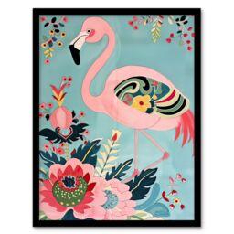"Artery8 Flamingo Exotic Flowers Pattern Vintage Style Framed Art Print in Pink - Size: W12"" x H16""" - thumbnail 1
