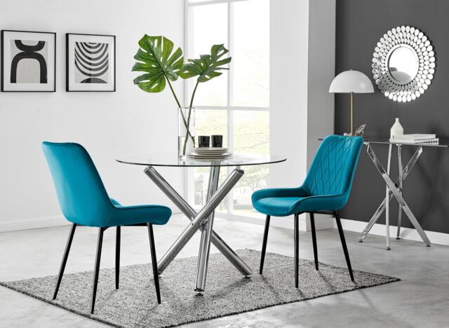 FurnitureboxUK Selina Round Glass Chrome Leg Dining Table & Pesaro Black Leg Chairs in Blue - Size: 4 Person - image 1