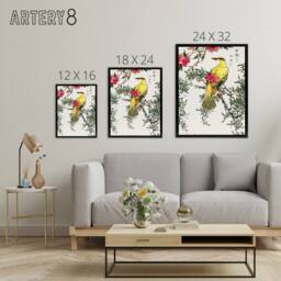 "Artery8 Bush Warbler & Drooping Peach Tree Framed Canvas Wall Art Print Kashu - Size: W12"" x H16""" - thumbnail 4