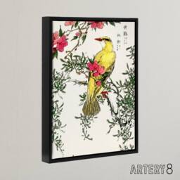 "Artery8 Bush Warbler & Drooping Peach Tree Framed Canvas Wall Art Print Kashu - Size: W12"" x H16""" - thumbnail 2