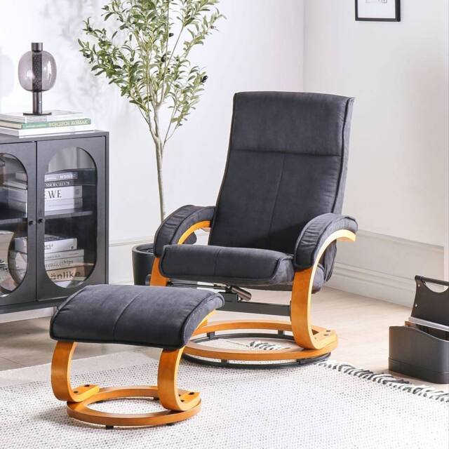 Wyld and Coco Black Retro Recliner Armchair Footstool Polyester Upholstery - image 1