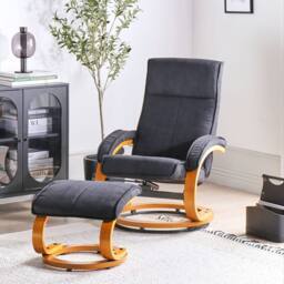 Wyld and Coco Black Retro Recliner Armchair Footstool Polyester Upholstery - thumbnail 1