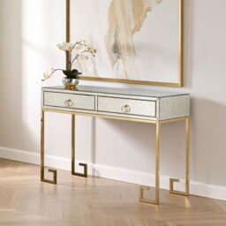 Orsina Luxurious Gold Finish Console Table With Two Drawers, Antique Glass Console Table, Spacious Decorative Table