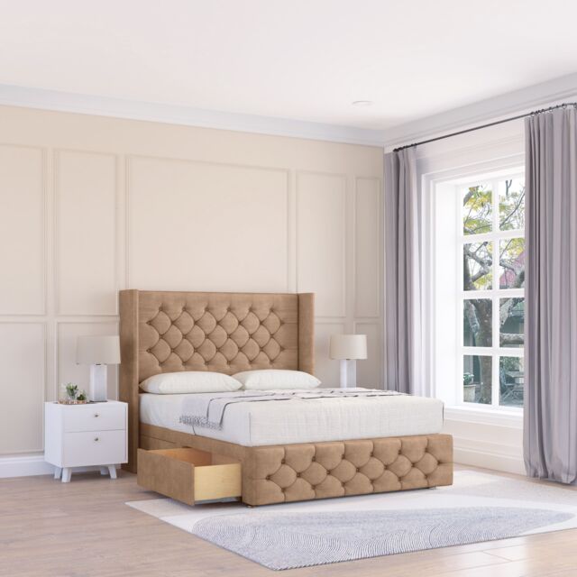 "Sloomy Luthor Naples Wingback Bed Set, 2 Drawers & 54"" Floor Standing Headboard in Light Sand - Size: Small Double" - image 1