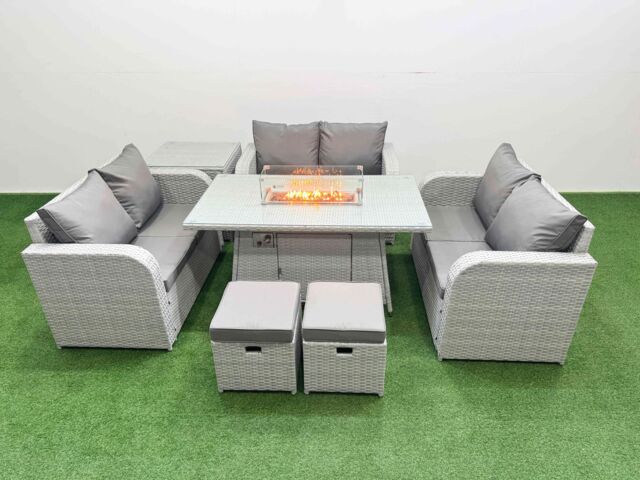 Fimous 8 Seater PE Wicker Rattan Furniture Sofa Sets with Firepit Dining Table 2 Seater Love Sofa 2 Stool Side Table Light Grey - image 1
