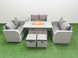 Fimous 8 Seater PE Wicker Rattan Furniture Sofa Sets with Firepit Dining Table 2 Seater Love Sofa 2 Stool Side Table Light Grey - thumbnail 2