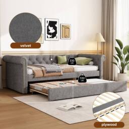 BTM 3ft Single Upholstered Daybed Velvet Sofa Bed Youth Bed Frame in Grey - thumbnail 5