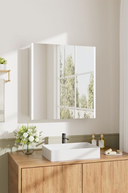 Living and Home Wall Mount LED Bathroom Mirror Cabinet with Defogger, Shaver Socket in Silver - image 1