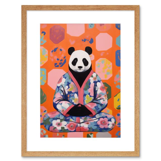 Artery8 Wall Art Print Meditating Panda Meditation Yogi in Floral Kimono Conceptual Art Vibrant Bold Colourful Acrylic Painting Artwork Framed 9X7 - image 1