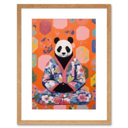 Artery8 Wall Art Print Meditating Panda Meditation Yogi in Floral Kimono Conceptual Art Vibrant Bold Colourful Acrylic Painting Artwork Framed 9X7 - thumbnail 1