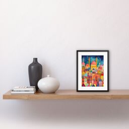 "Artery8 Wall Art Print Hagia Sophia Evening Cityscape Folk Art Watercolour Painting Artwork Framed 9X7 Inch in Black - Size: W7"" x H9""" - thumbnail 2
