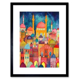 "Artery8 Wall Art Print Hagia Sophia Evening Cityscape Folk Art Watercolour Painting Artwork Framed 9X7 Inch in Black - Size: W7"" x H9""" - thumbnail 1