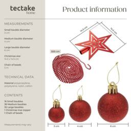 tectake Christmas Decorations - 84 Red Baubles, String Of Beads, Star Tree Topper - thumbnail 6