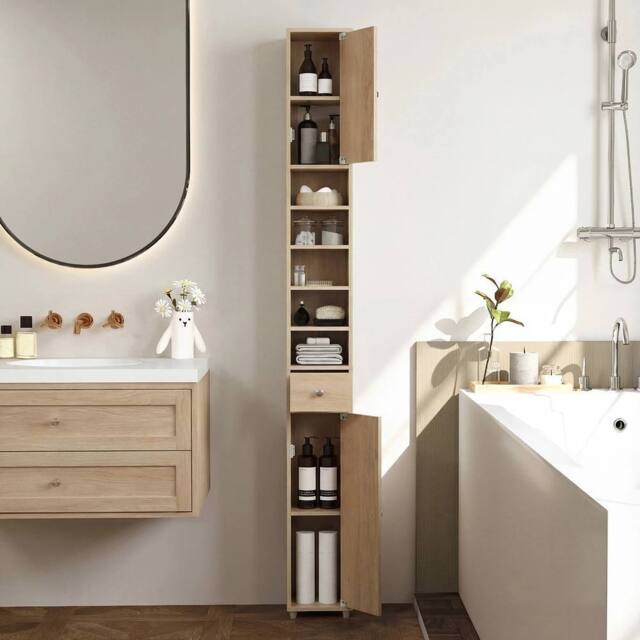 FORGEVIO Slim Bathroom Tall Cabinet w/ 1 Drawer & 5 Adjustable in Brown - image 1