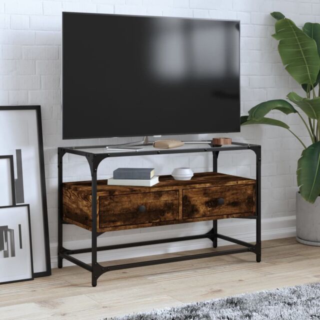 Berkfield Home TV Cabinet with Glass Top Smoked Oak 80x35x51 cm Engineered Wood in Brown - Size: 80 x 35 x 51 cm - image 1