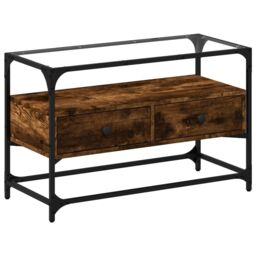 Berkfield Home TV Cabinet with Glass Top Smoked Oak 80x35x51 cm Engineered Wood in Brown - Size: 80 x 35 x 51 cm - thumbnail 2